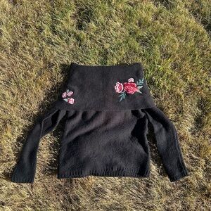 Black Off the Shoulder Sweater With Floral Details
